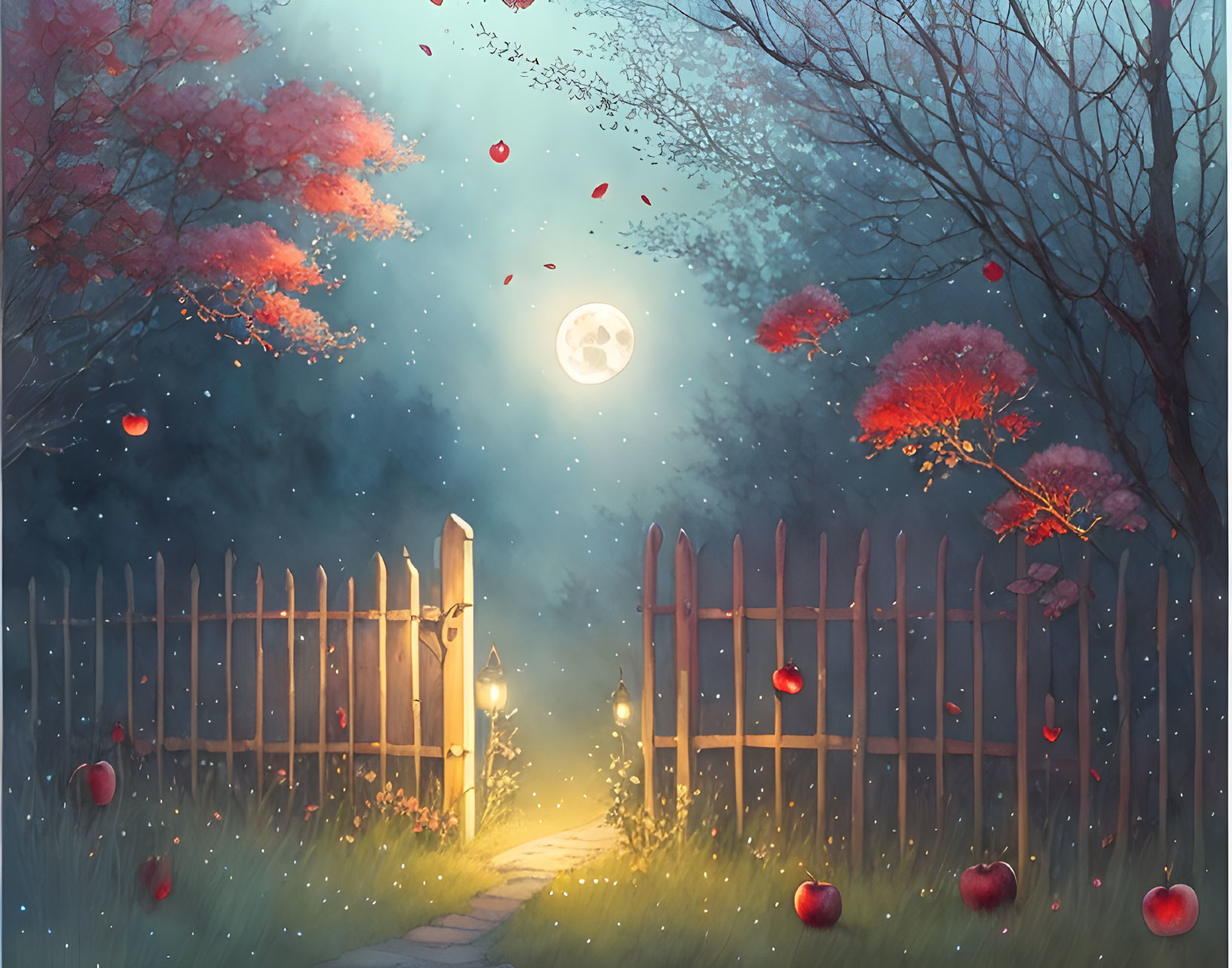 Nighttime garden with glowing lamp post, wooden gate, path, red foliage, apples, full moon