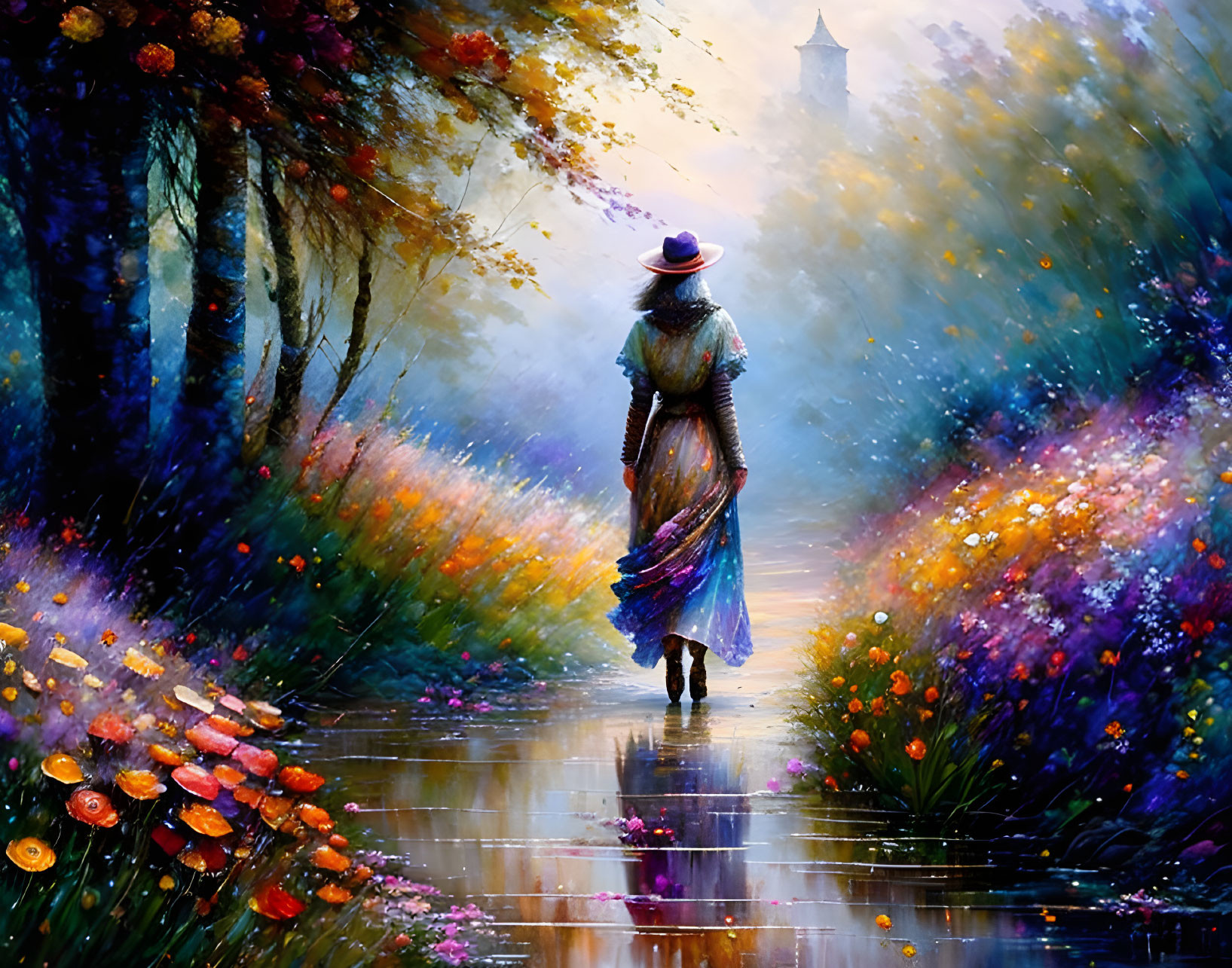 Person in hat walks on flower-lined path in misty forest with castle visible