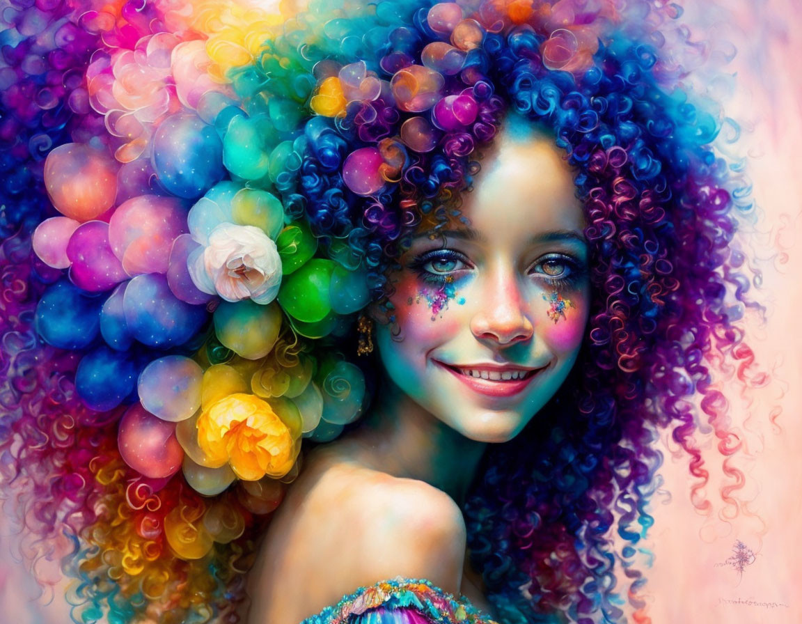 Colorful portrait of a girl with curly hair and flowers on a soft background
