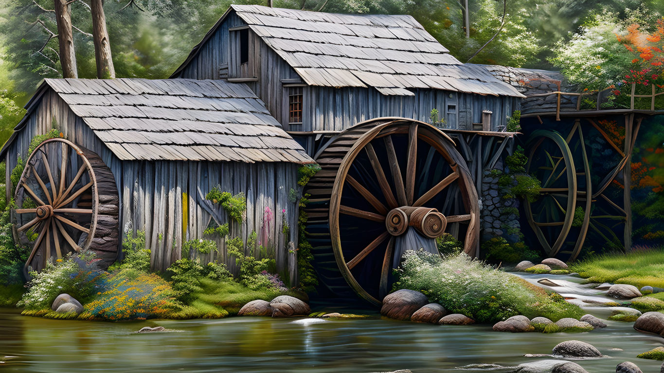 Rustic wooden watermill by tranquil stream and lush greenery