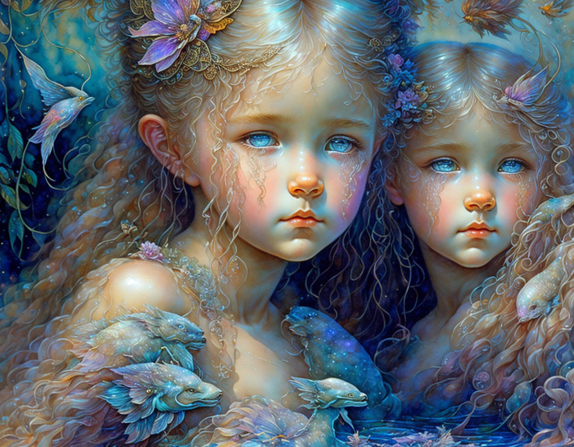 Ethereal painting of two young girls with blue hues and floral elements