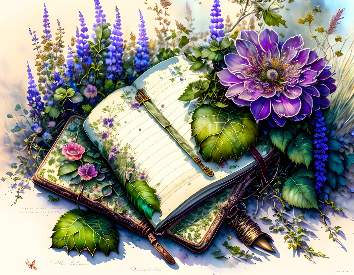 Open journal with pen on floral background with large purple flower and green leaves