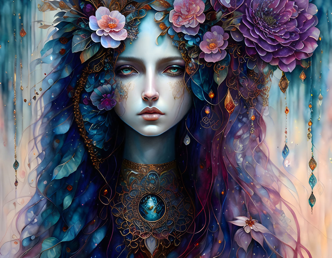 Blue-skinned female figure with floral hair and mystical jewelry.