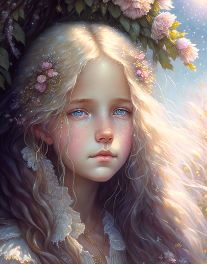 Young girl digital portrait with blue eyes and pink flowers in fantasy theme