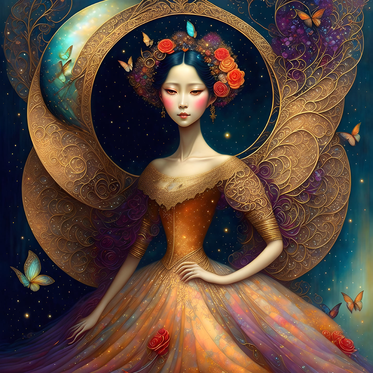 Digital illustration of ethereal woman with moon halo, butterflies, roses, ornate dress.