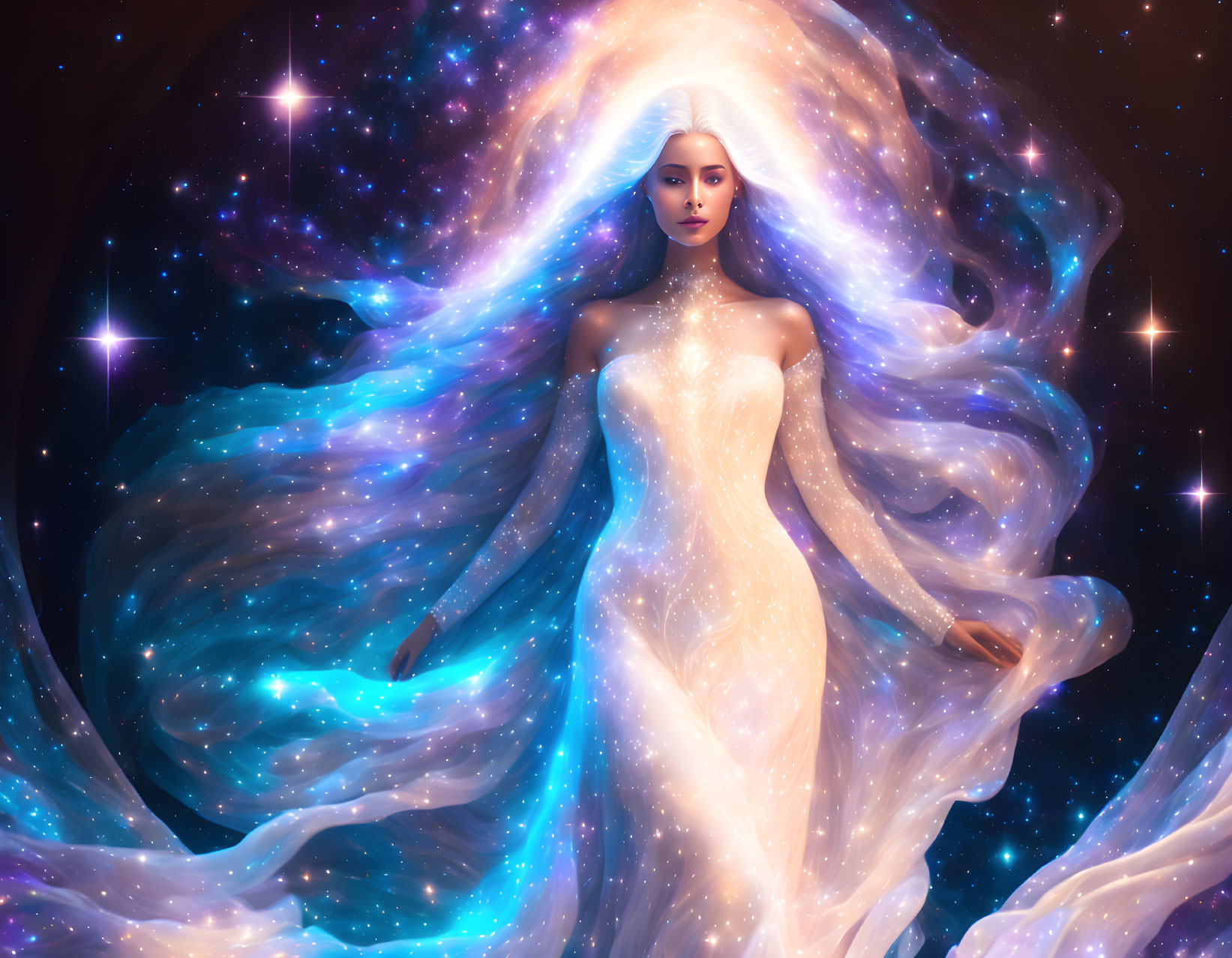 Digital artwork of woman with galaxy-themed hair and gown on cosmic background