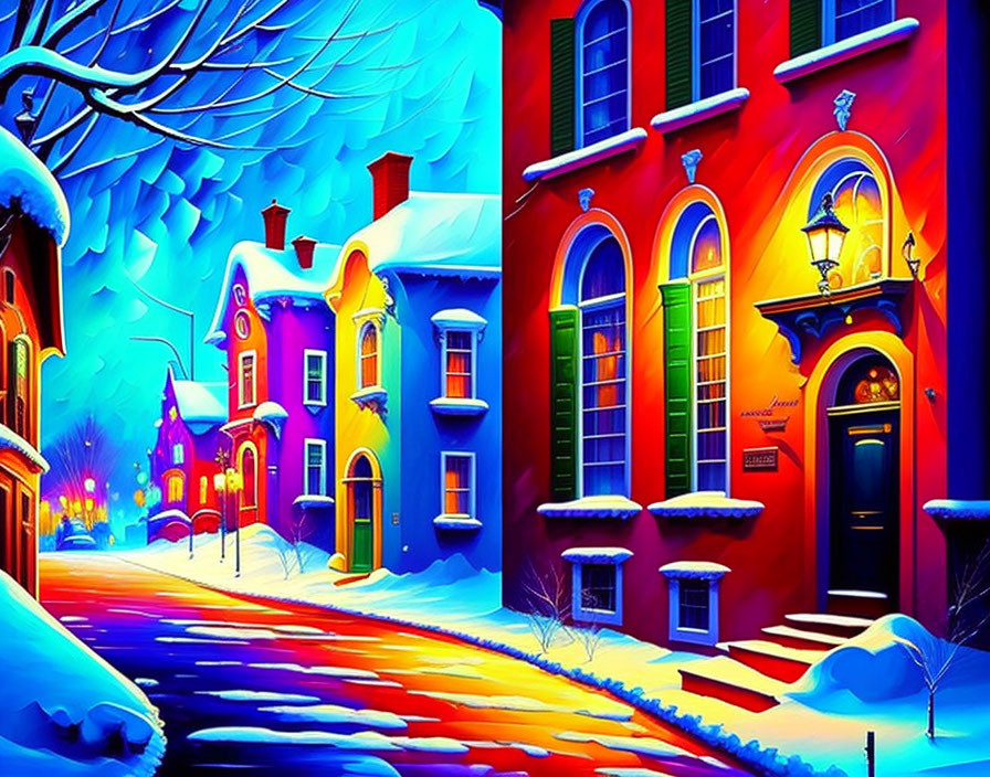 Winter Street Scene: Colorful, Snow-Covered Buildings & Glowing Lights