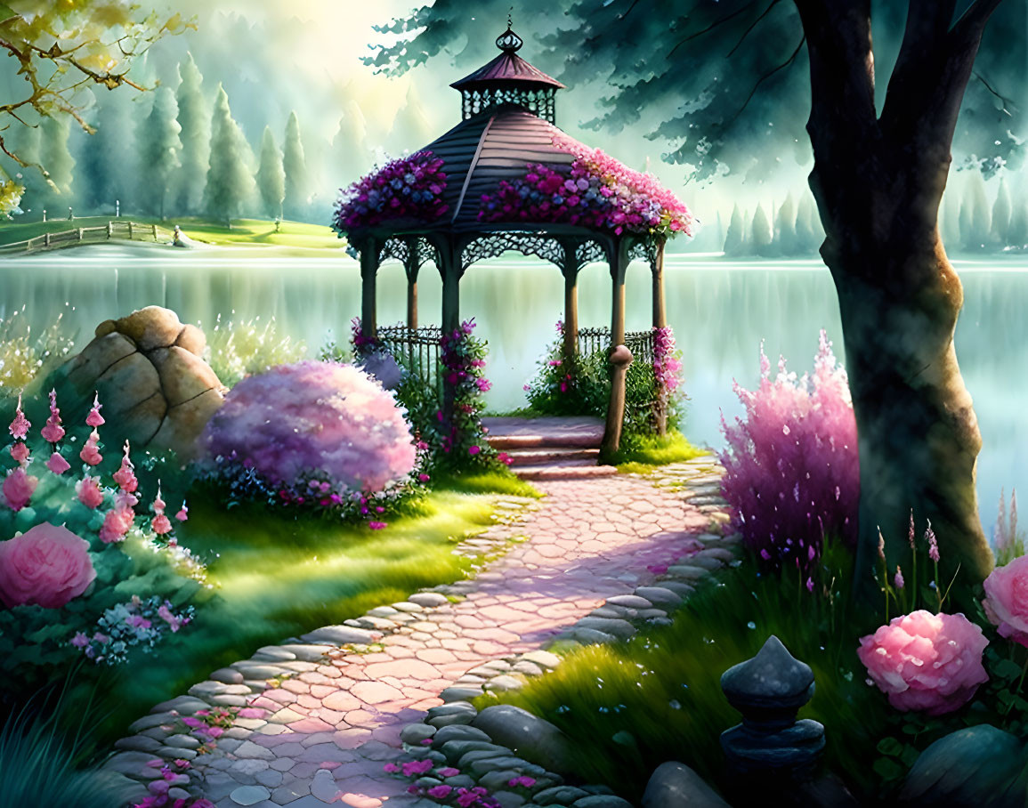 Tranquil Lake Gazebo with Pink Flowers and Lush Greenery