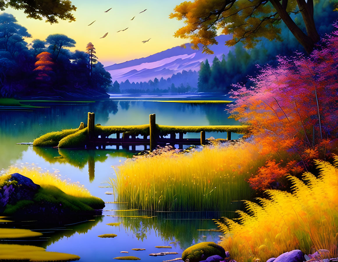 Tranquil autumn lake scene with wooden pier, colorful trees, and birds at sunset