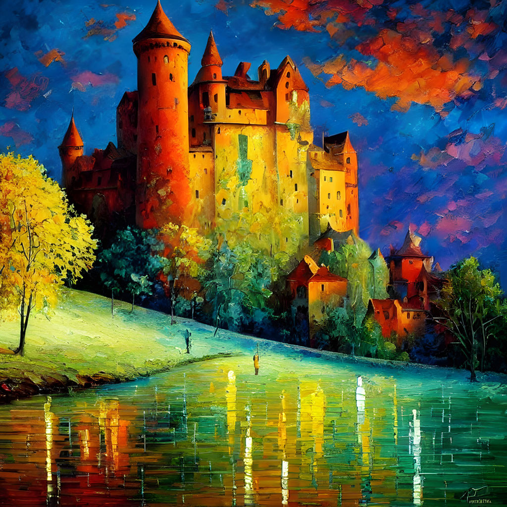 Twilight castle painting with reflections, blue skies, and autumn trees