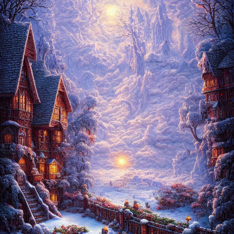 Quaint Winter Village with Snow-Covered Trees