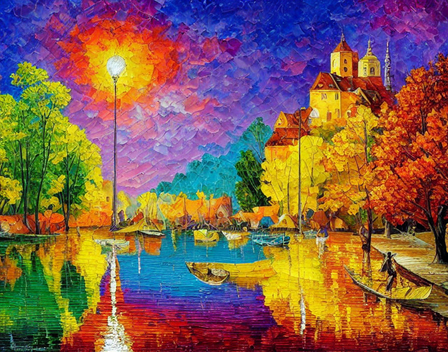 Impressionistic painting of serene river scene at dusk with autumn trees, boats, lamppost,