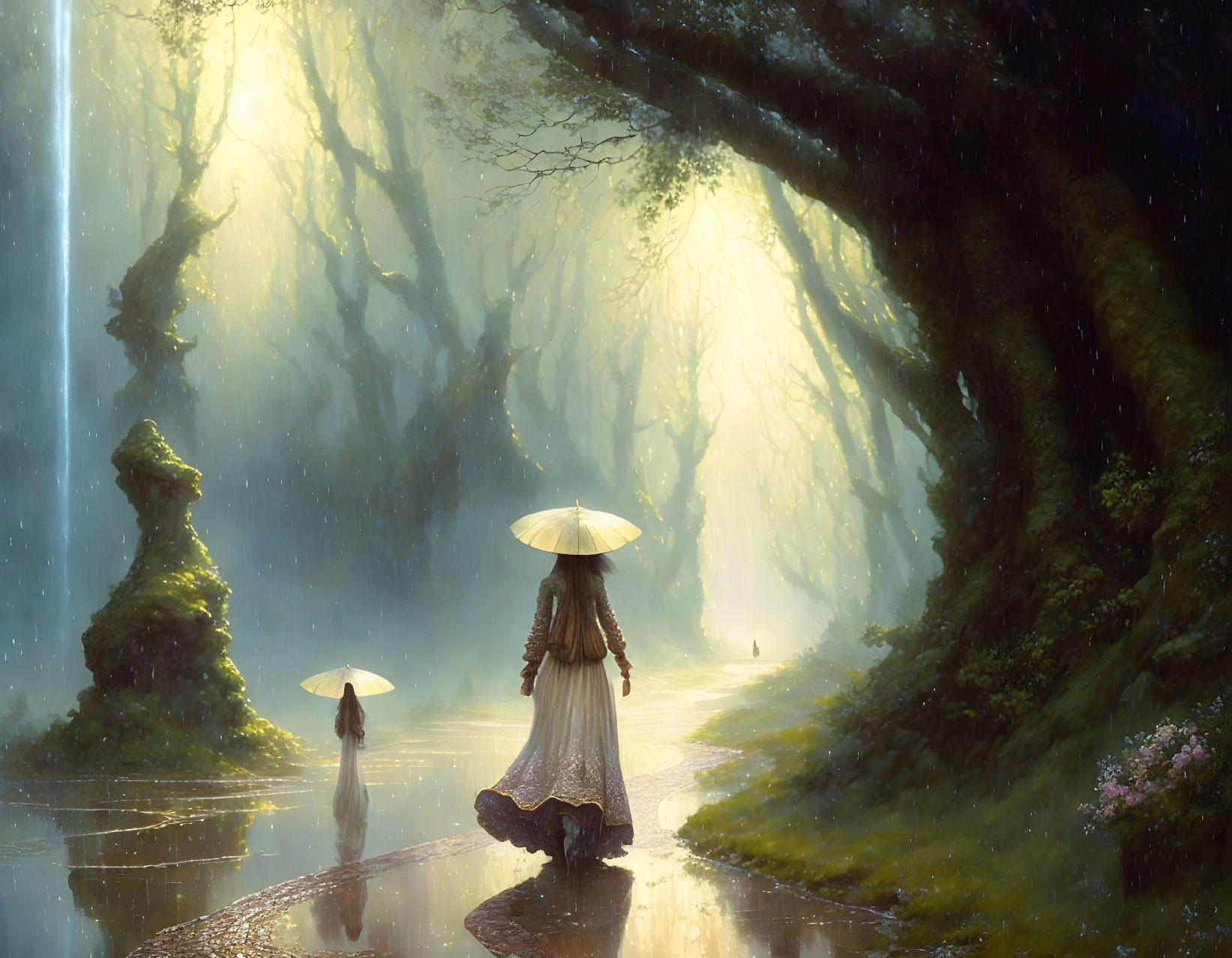 Tranquil forest scene with figures and umbrellas in sunlight