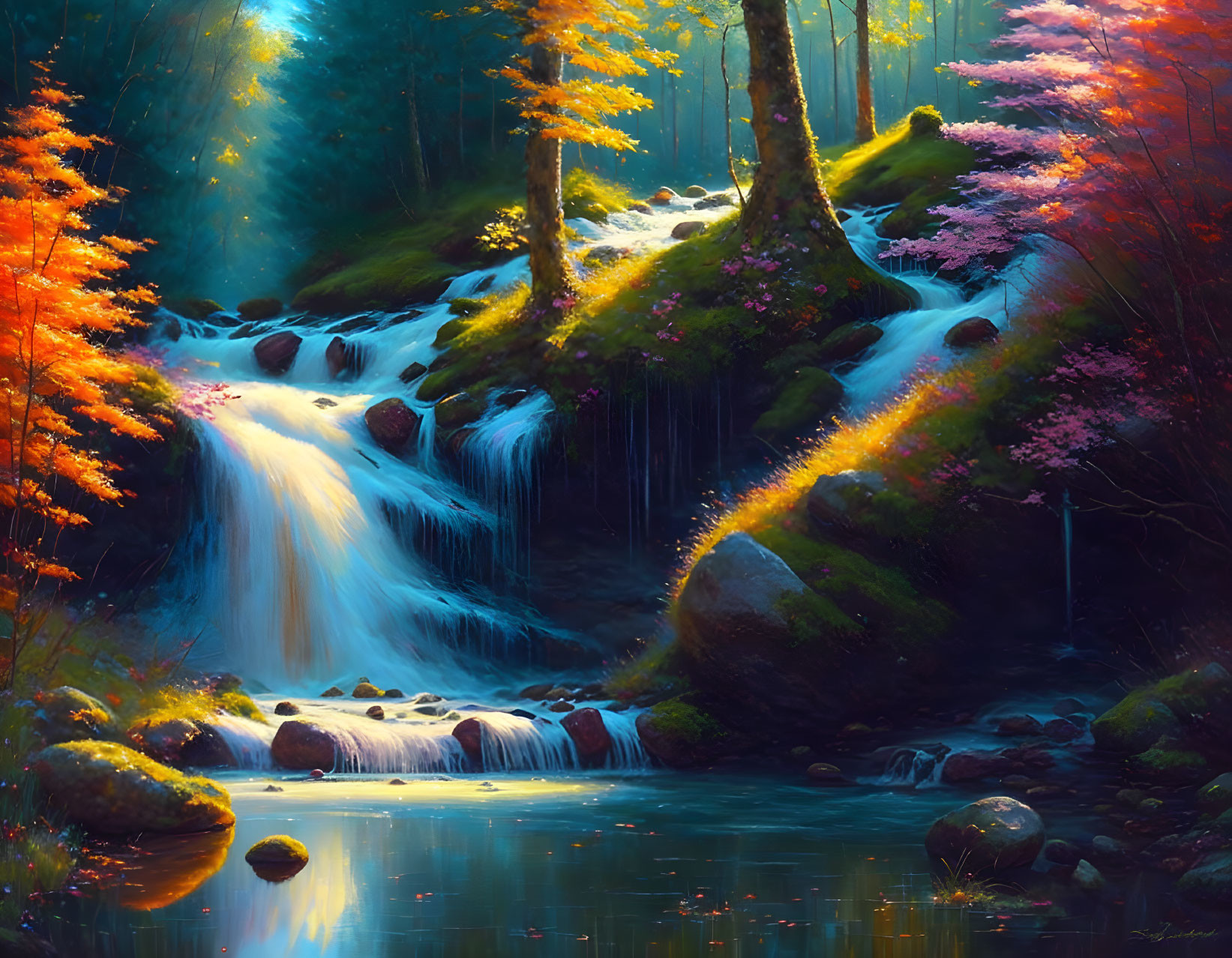 Forest waterfall with sunbeams on pink foliage & tranquil waters