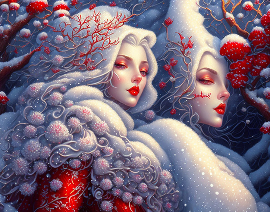 Stylized women with pale skin and white hair in snowy forest setting