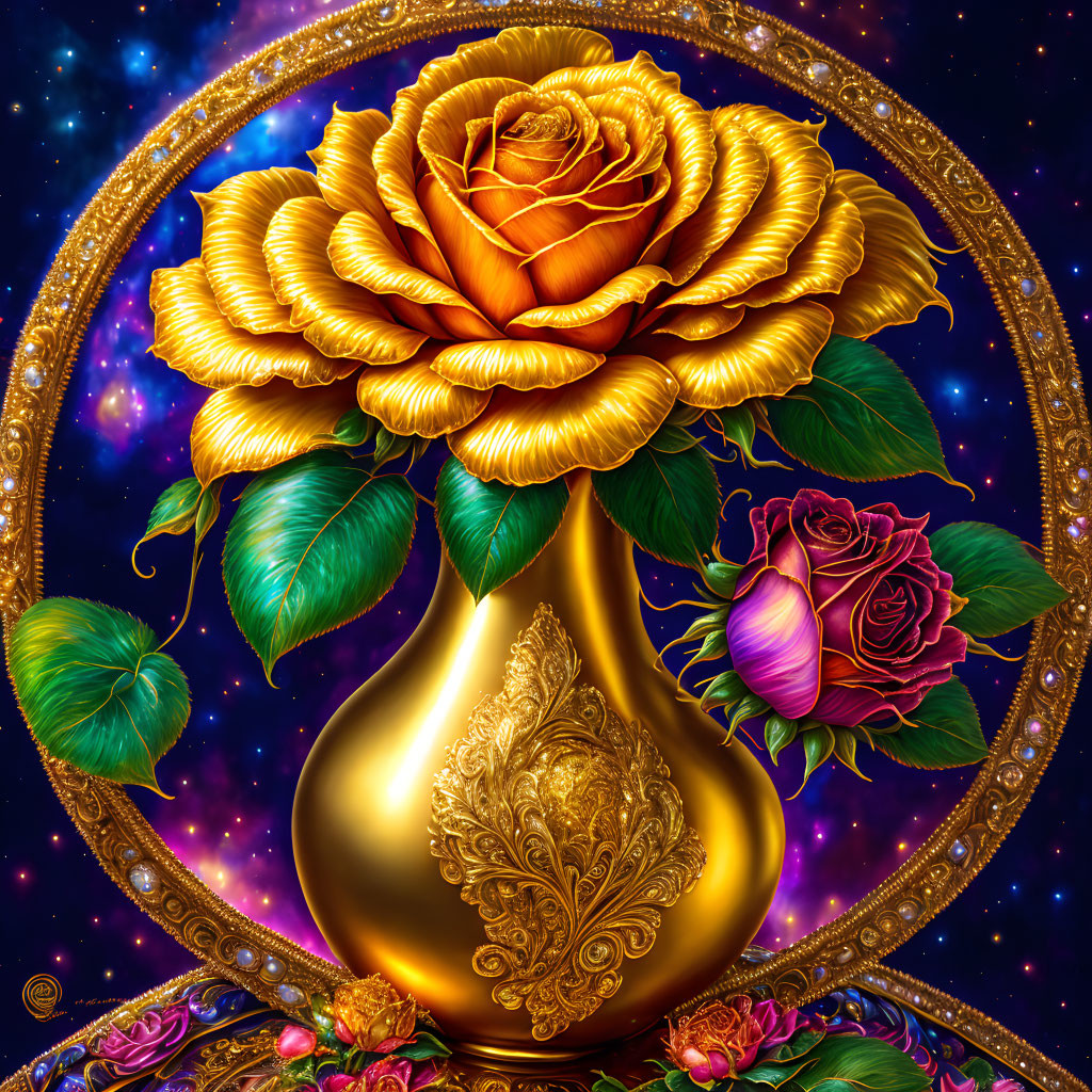 Golden vase with rose in ornate frame on cosmic background