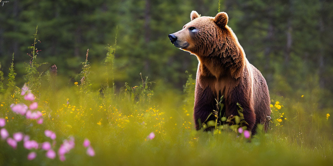 Brown bear in vibrant wildflower meadow forest scene