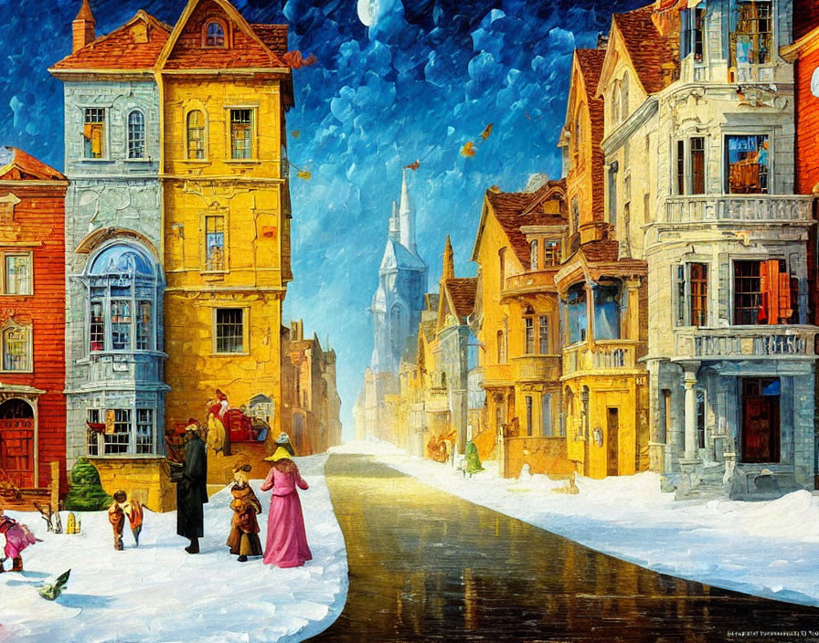 Colorful Old-Time Street Scene Painting with Snowy Setting