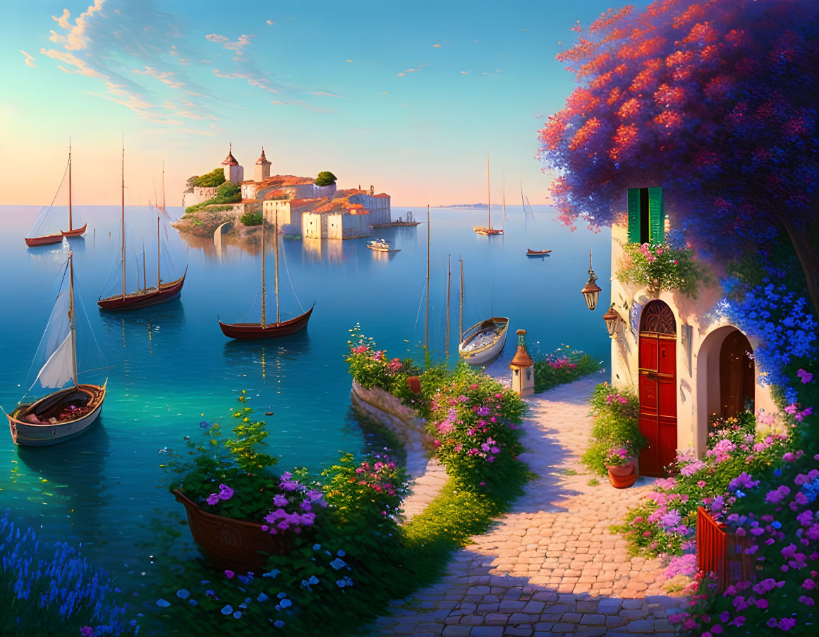 Tranquil Coastal Landscape with Boats, Flowering Path, and Buildings