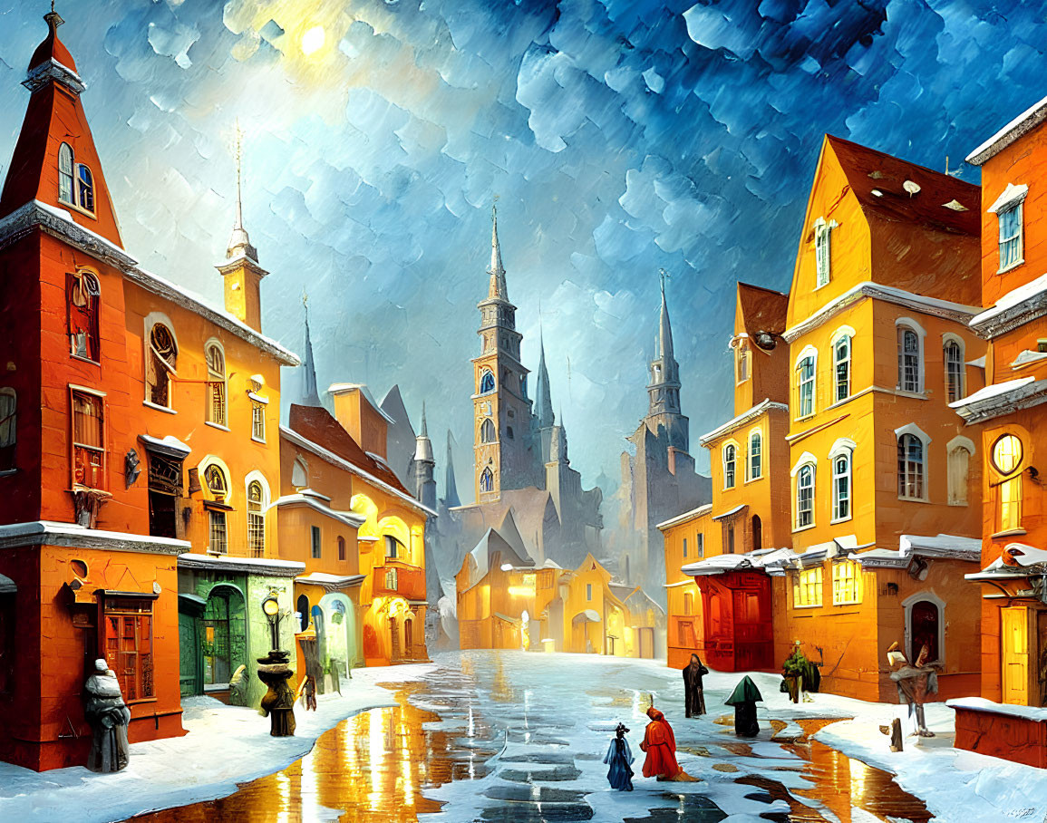 Snowy European town scene at dusk with colorful buildings, cobblestone street, and townspeople under