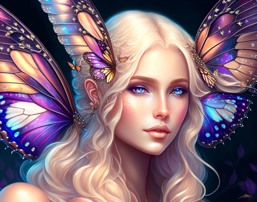 Digital portrait of fair-skinned woman with butterfly wings and luminescent eyes.