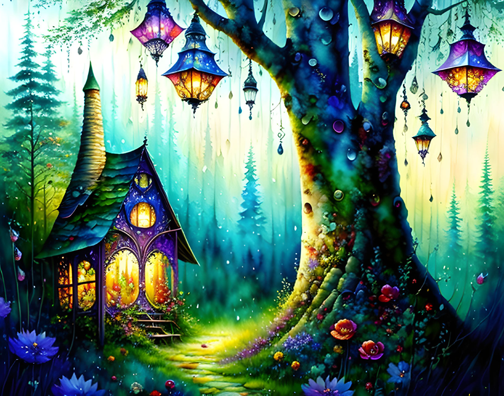 Colorful fairytale cottage in whimsical forest scene