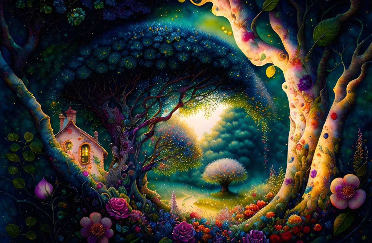 Fantasy illustration: Glowing treehouse in whimsical forest