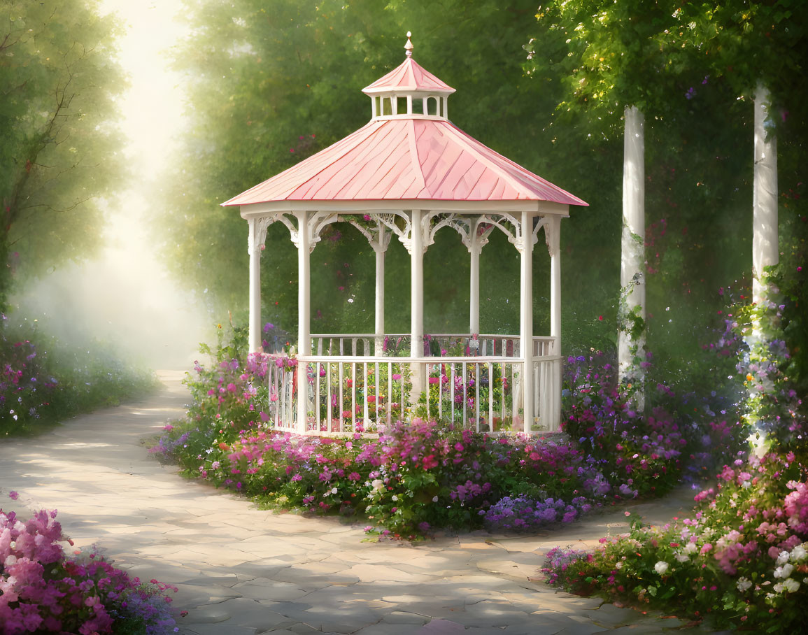 Tranquil garden with white gazebo and pink flowers