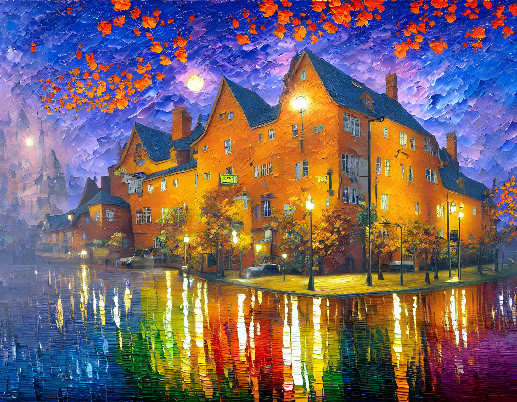 Cozy, luminous street scene with orange buildings at twilight and autumn leaves.