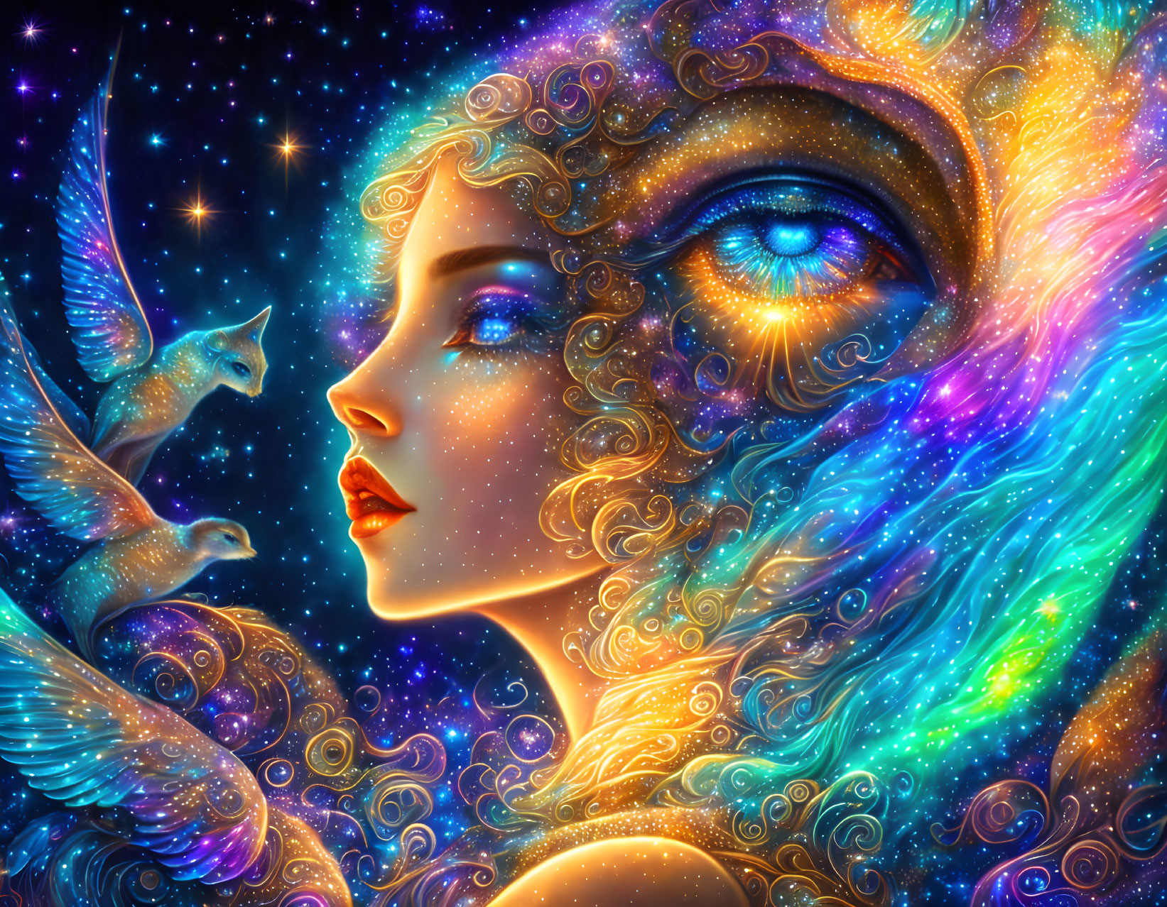 Colorful Cosmic Illustration of Woman's Face with Swirling Hair, Stars, and Birds