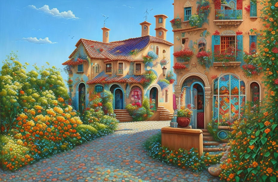 Vibrant painting of a quaint villa with lush gardens