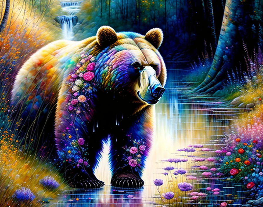 Colorful Bear Artwork with Floral Patterns and Waterfall Backdrop