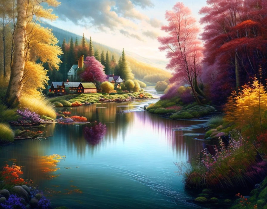 Tranquil landscape with vibrant river, colorful foliage, flowers, and quaint cottage