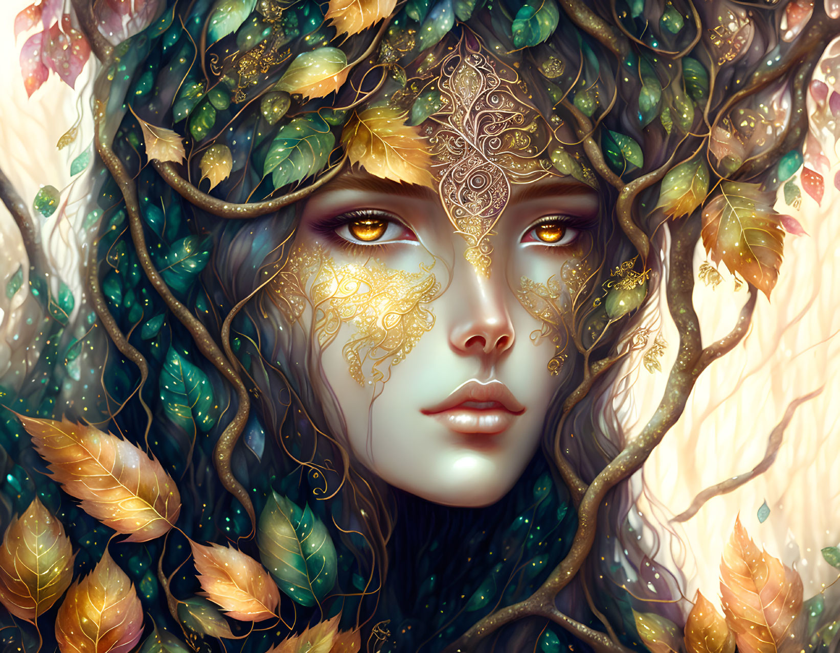 Fantastical portrait of a woman with golden tattoos in nature setting