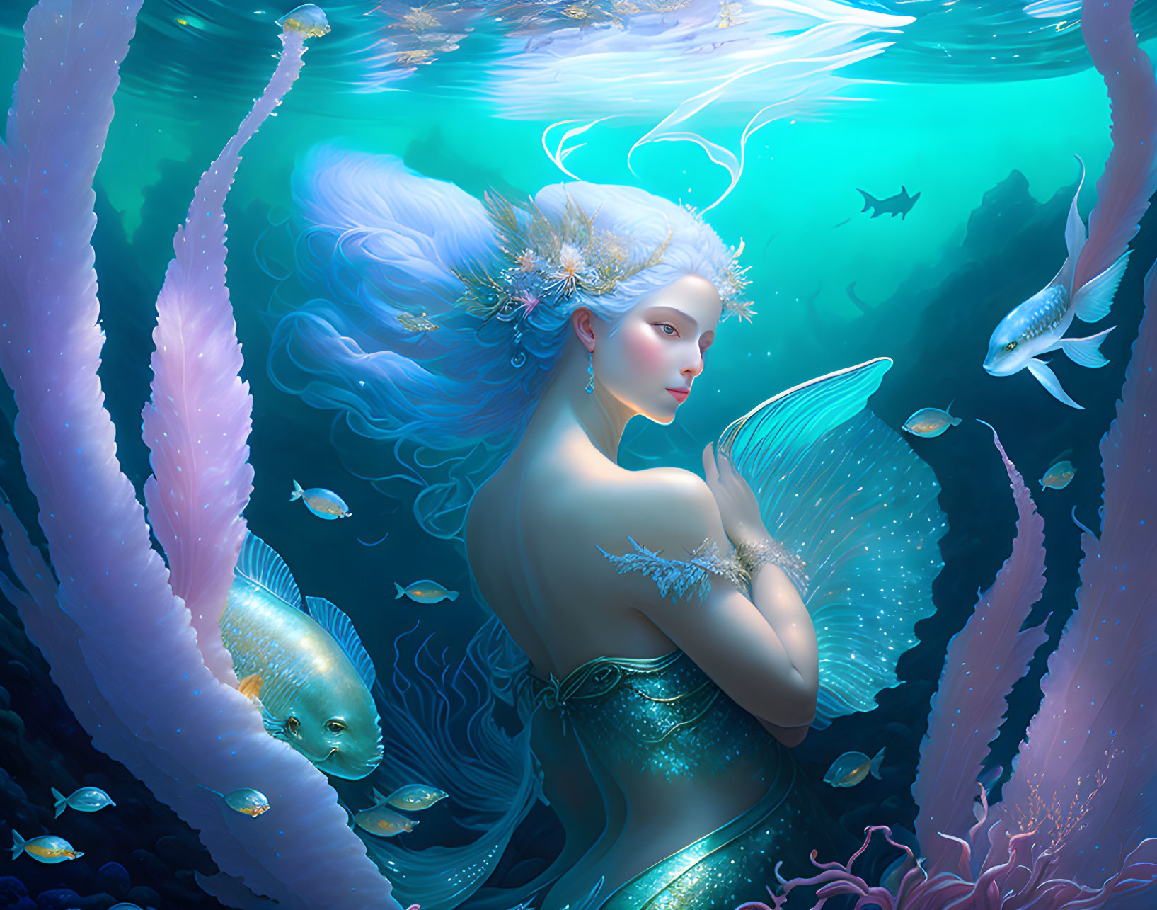 Mermaid with flowing hair surrounded by fish and coral in vibrant underwater scene