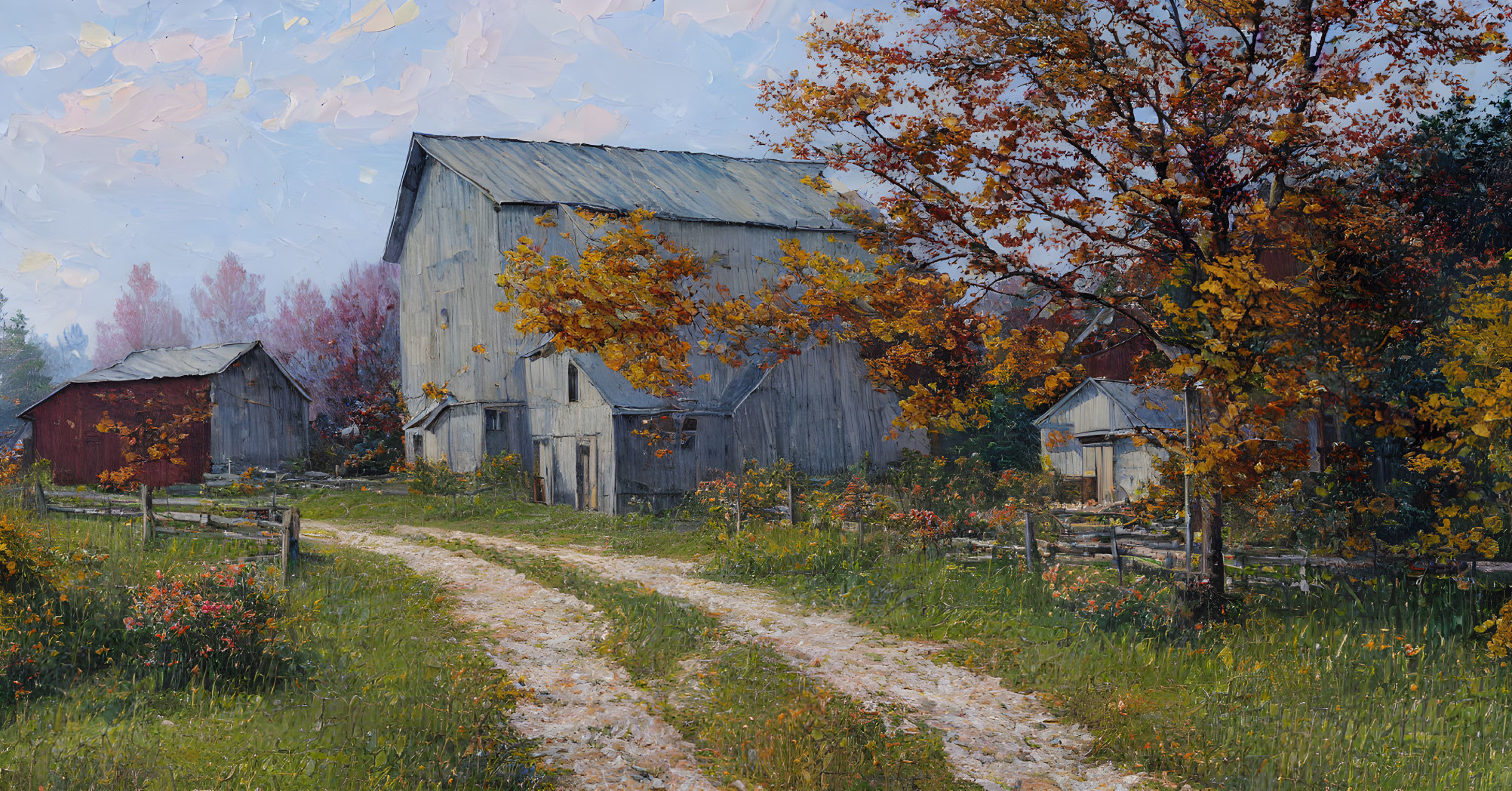 Scenic rustic barn with autumn trees and wildflowers