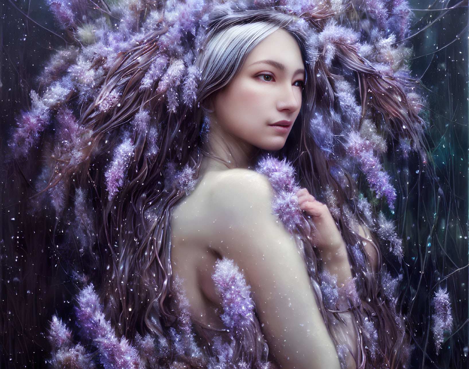 Portrait of Woman with White Hair and Purple Flower Crown in Mystical Setting