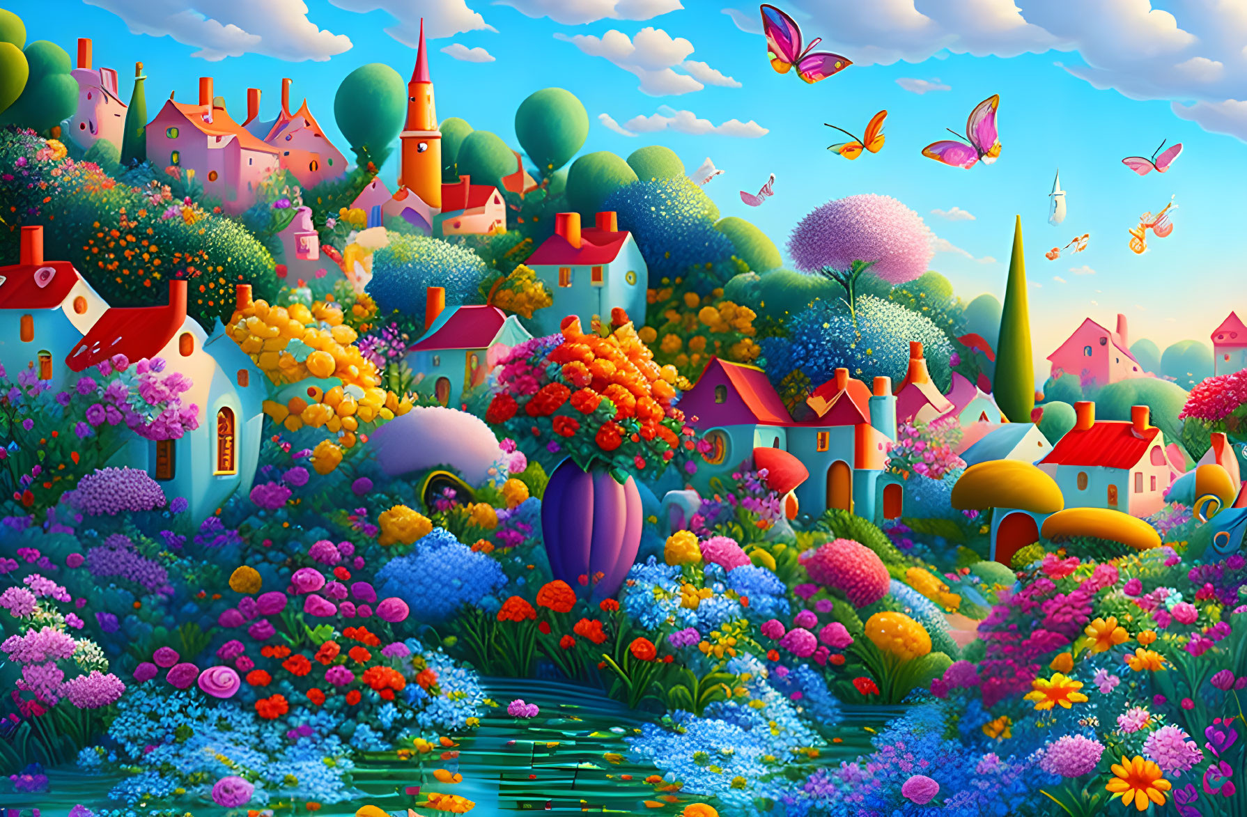 Colorful Landscape with Houses, Flowers, Butterflies, and Musical Instruments