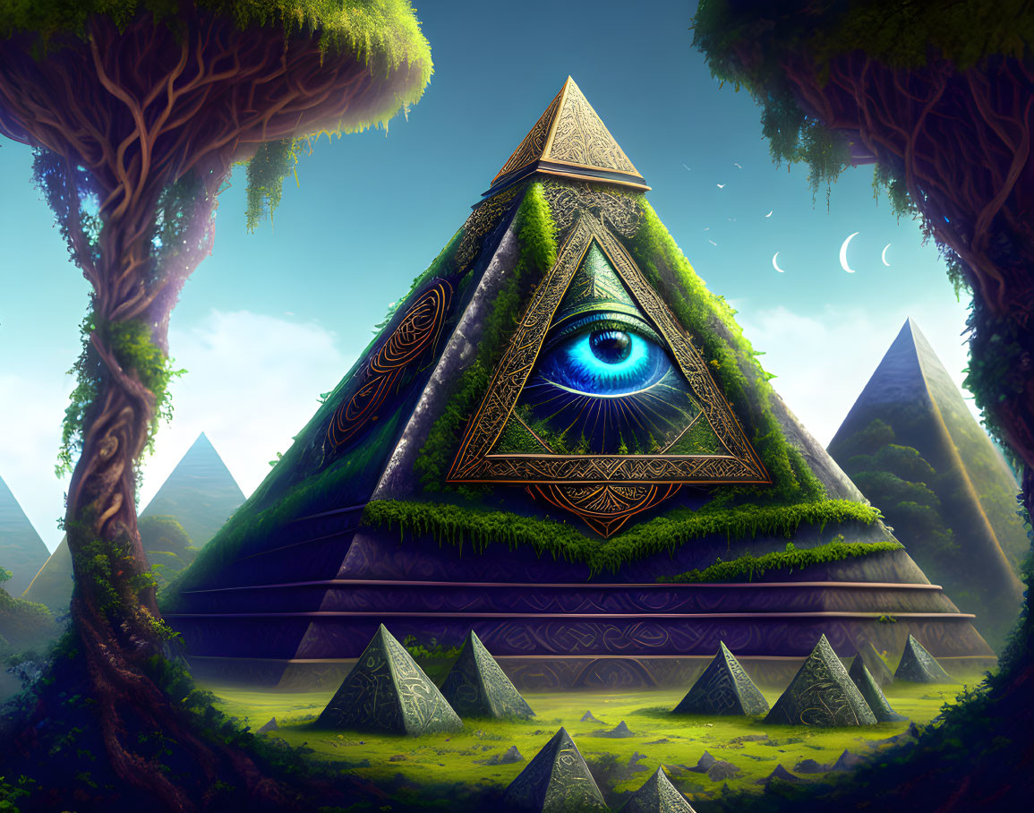 Mystical landscape with eye-adorned pyramid and lush trees