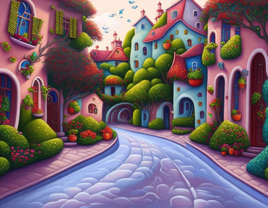 Colorful Street Scene with Stylized Houses and Lush Greenery