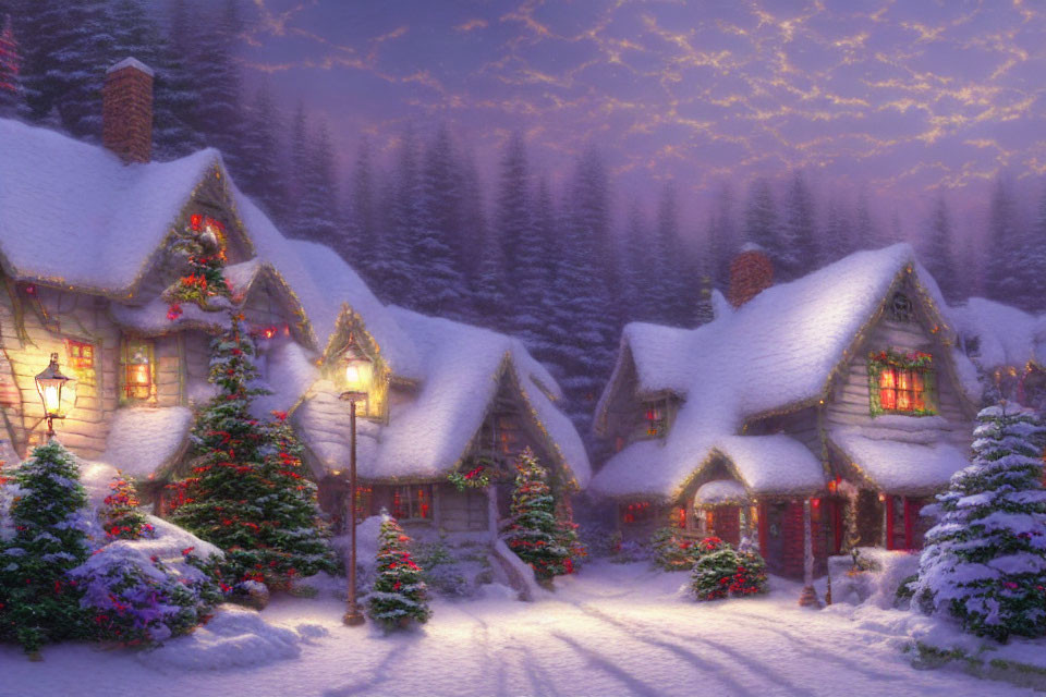 Snowy landscape with glowing Christmas cottages at twilight