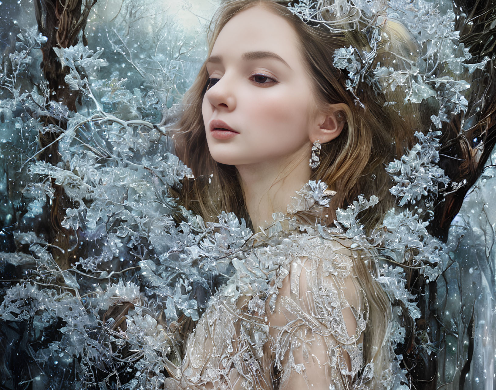 Woman with crystal embellishments in frosty woodland setting