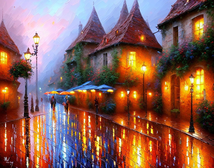 Vibrant painting of old European street at night with rain reflections