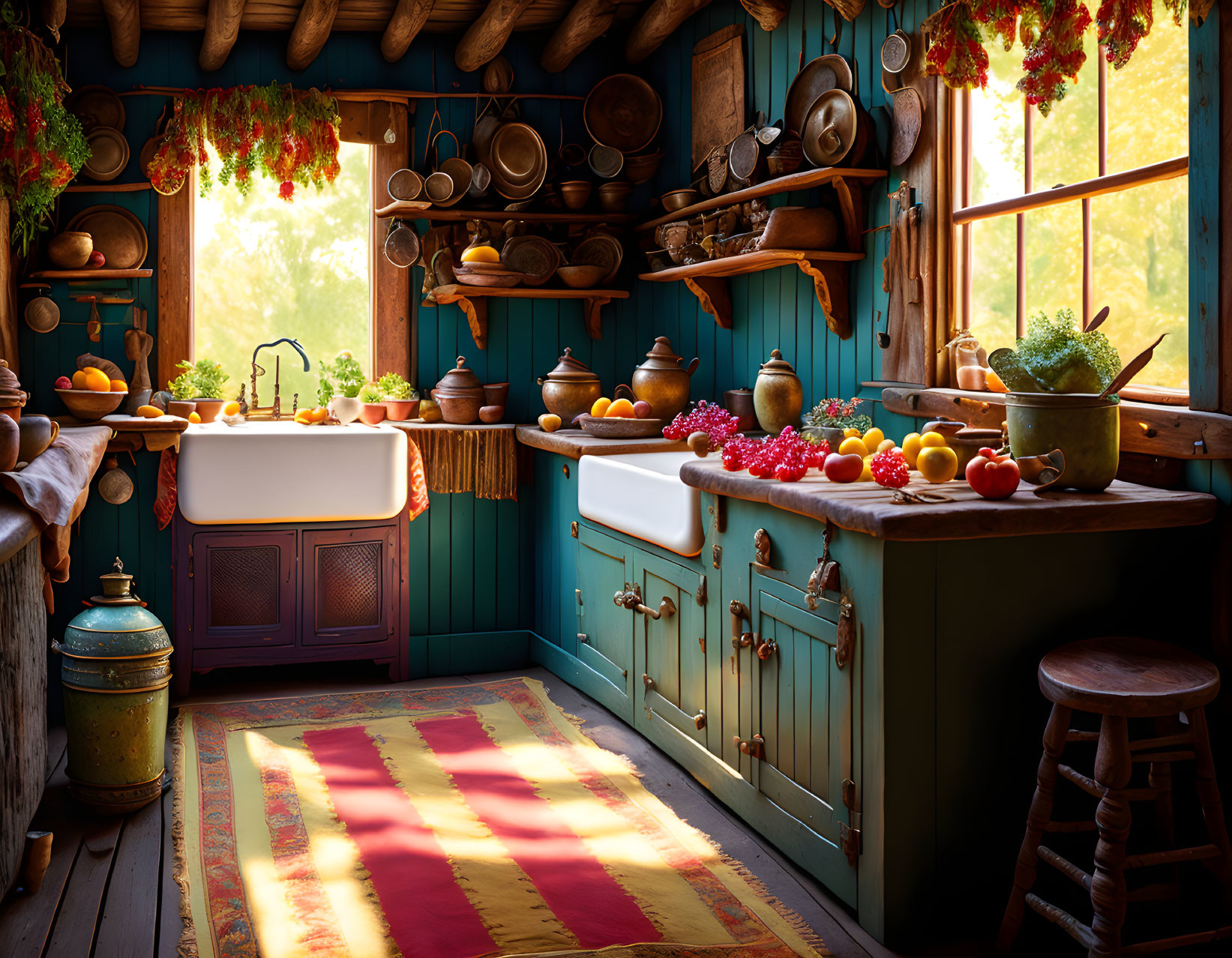 Warm Sunlit Rustic Kitchen with Wooden Cabinets, Hanging Pots, Fresh Fruits, Antique St