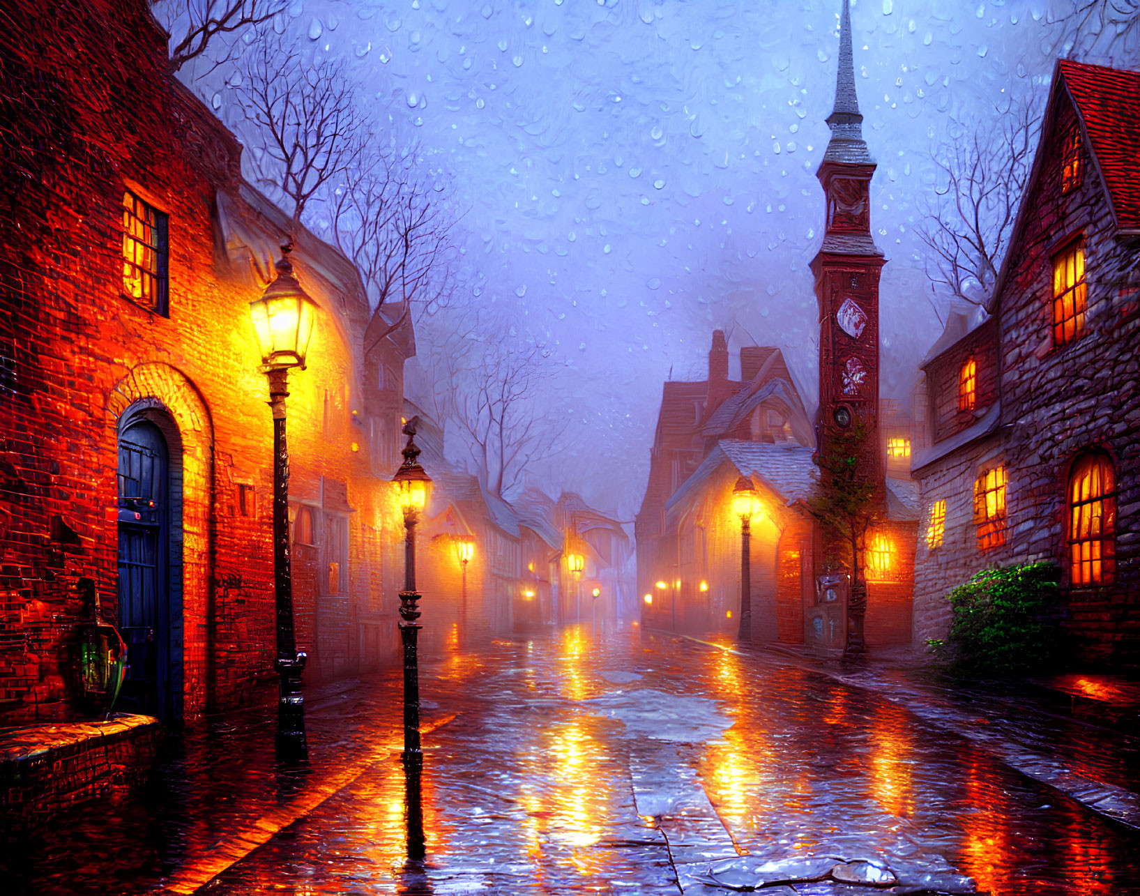 Quaint old town cobblestone street with brick buildings at twilight