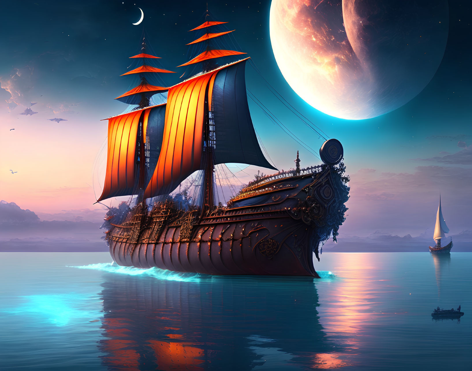 Majestic ship with orange sails on calm waters at twilight