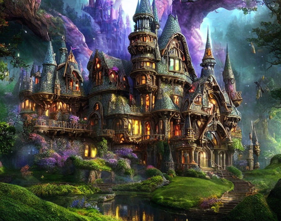 Fantasy castle in lush surroundings with glowing windows