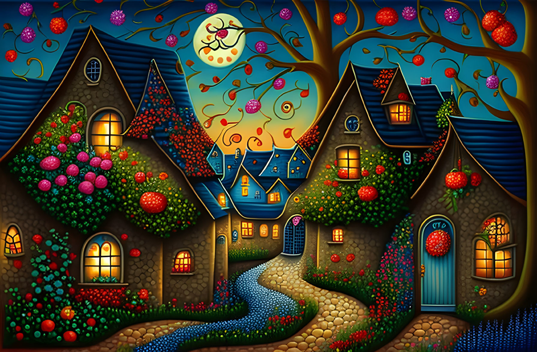 Colorful painting of vibrant, curvy houses and flora under a smiling crescent moon