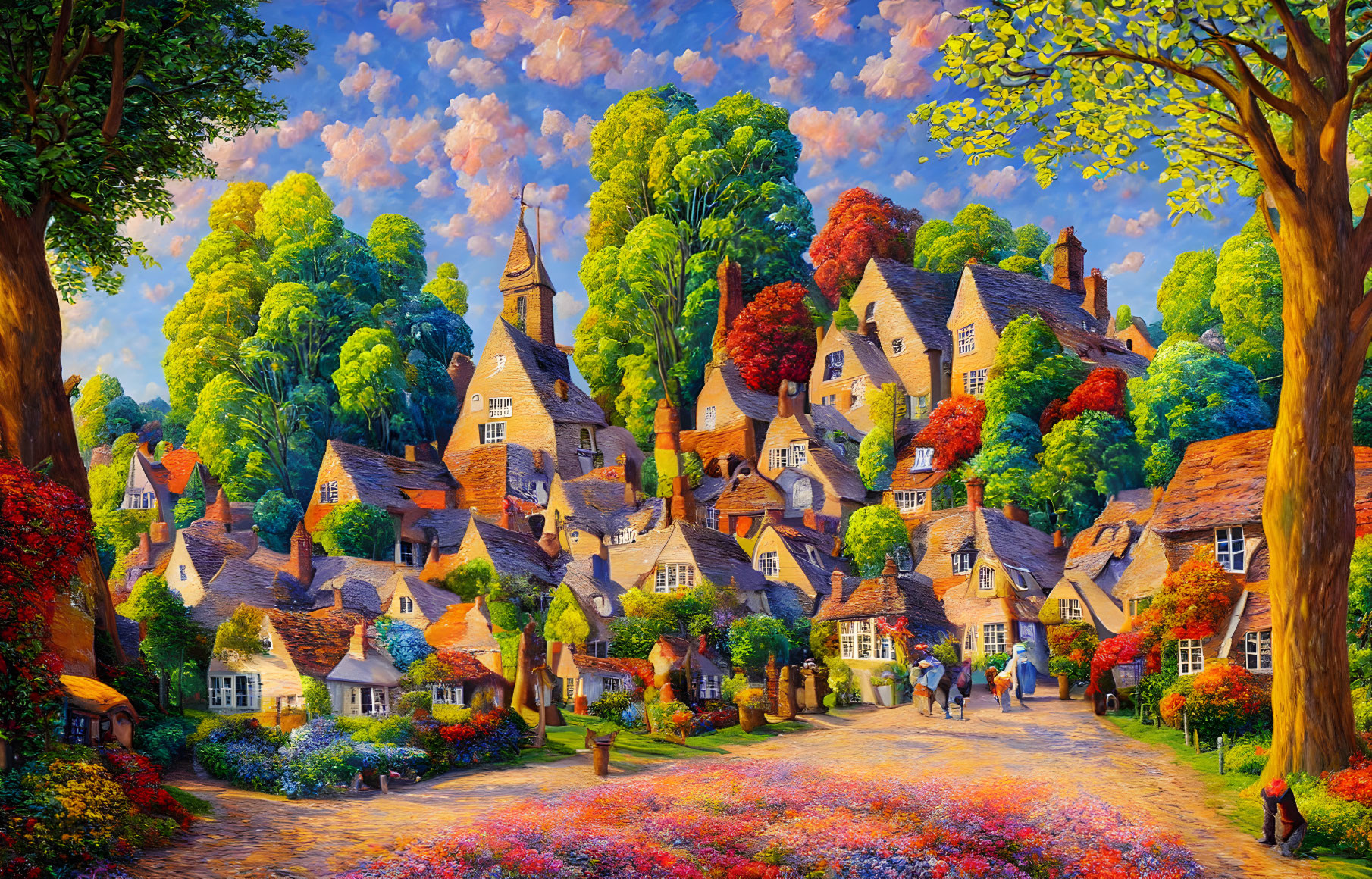 Scenic painting of quaint village with thatched-roof cottages and blooming flowers