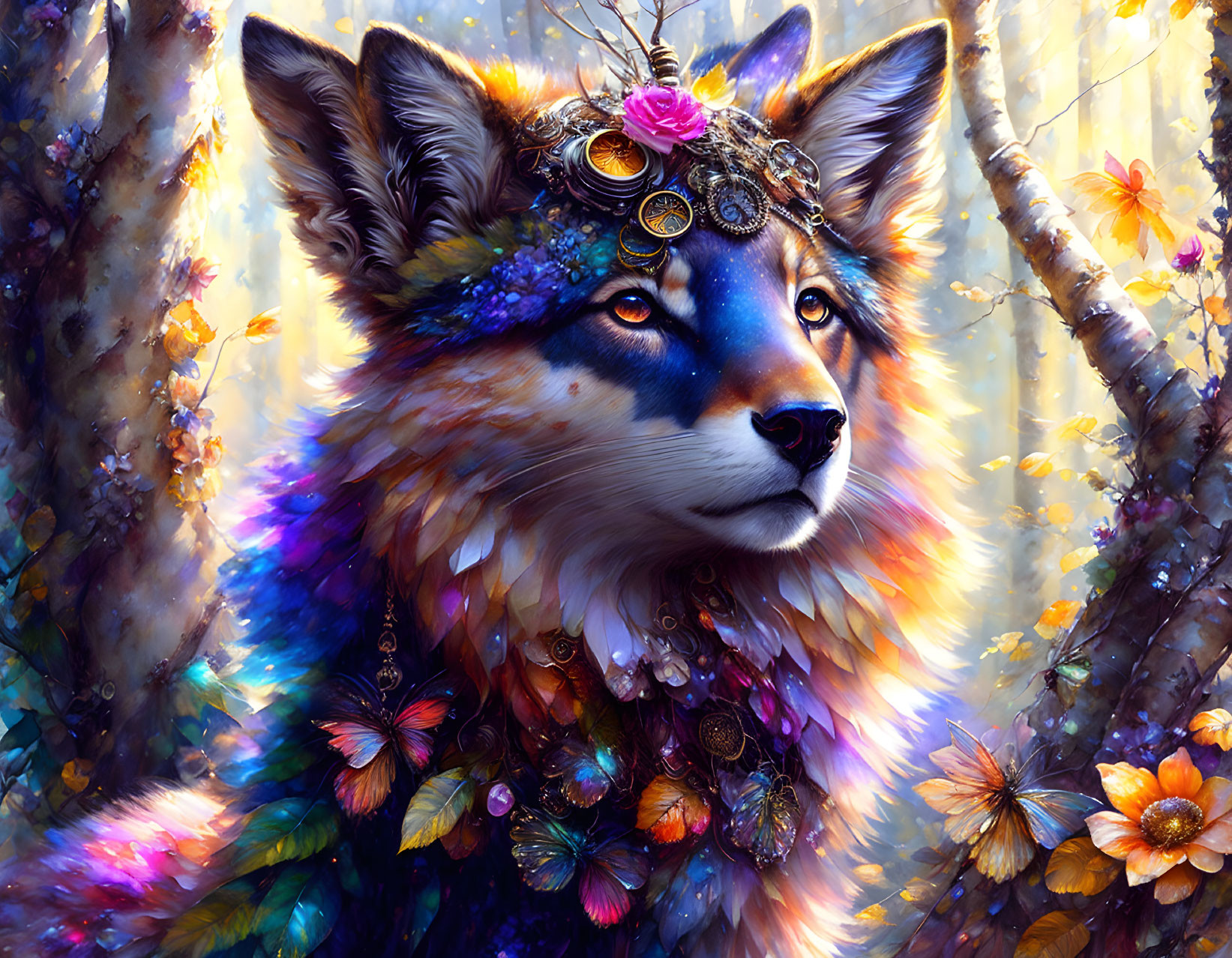 Colorful Fox in Enchanted Forest with Jewelry and Sparkling Light